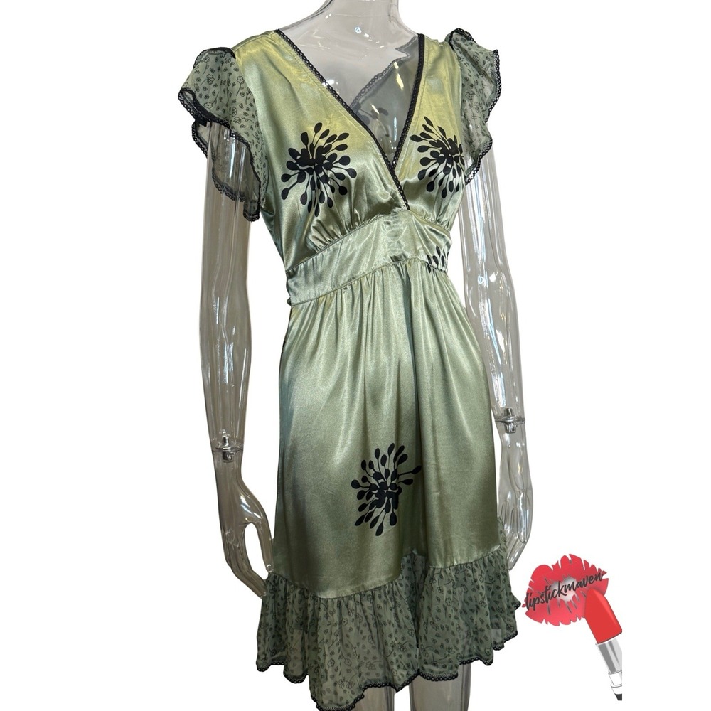 Y2K Double Zero Dress Large Green‎ Floral Satin Black Lace Trim Ruffle Hem
